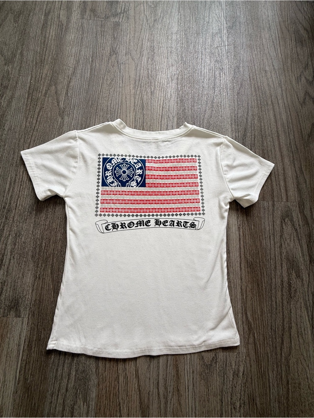 Chrome Hearts White Tee with Red & Navy Flag Graphic Back Print